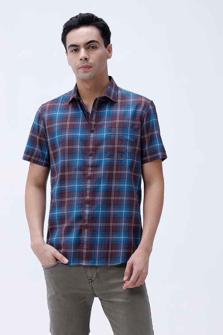 BASICS SLIM FIT LIGHT GREY COTTON TWILL CHECKS HALFSLEEVES SHIRT