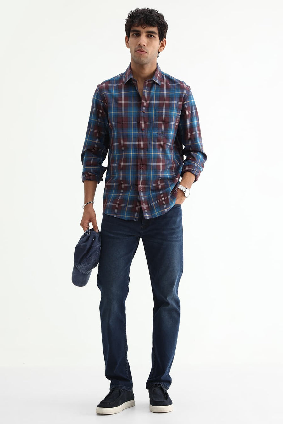 BASICS SLIM FIT LIGHT GREY COTTON TWILL CHECKS SHIRT