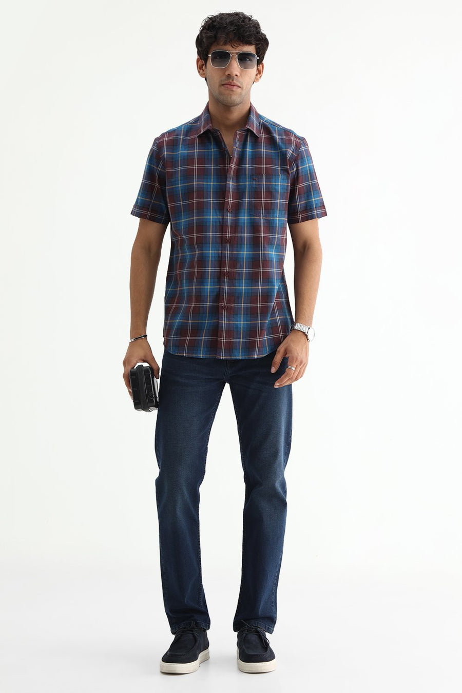 BASICS SLIM FIT LIGHT GREY COTTON TWILL CHECKS HALFSLEEVES SHIRT