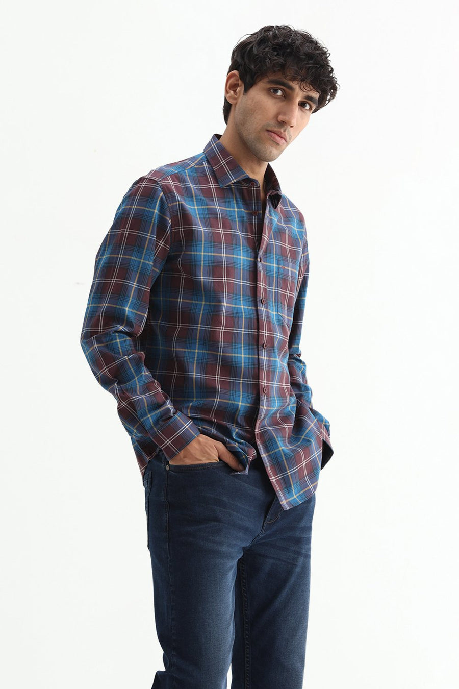 BASICS SLIM FIT LIGHT GREY COTTON TWILL CHECKS SHIRT
