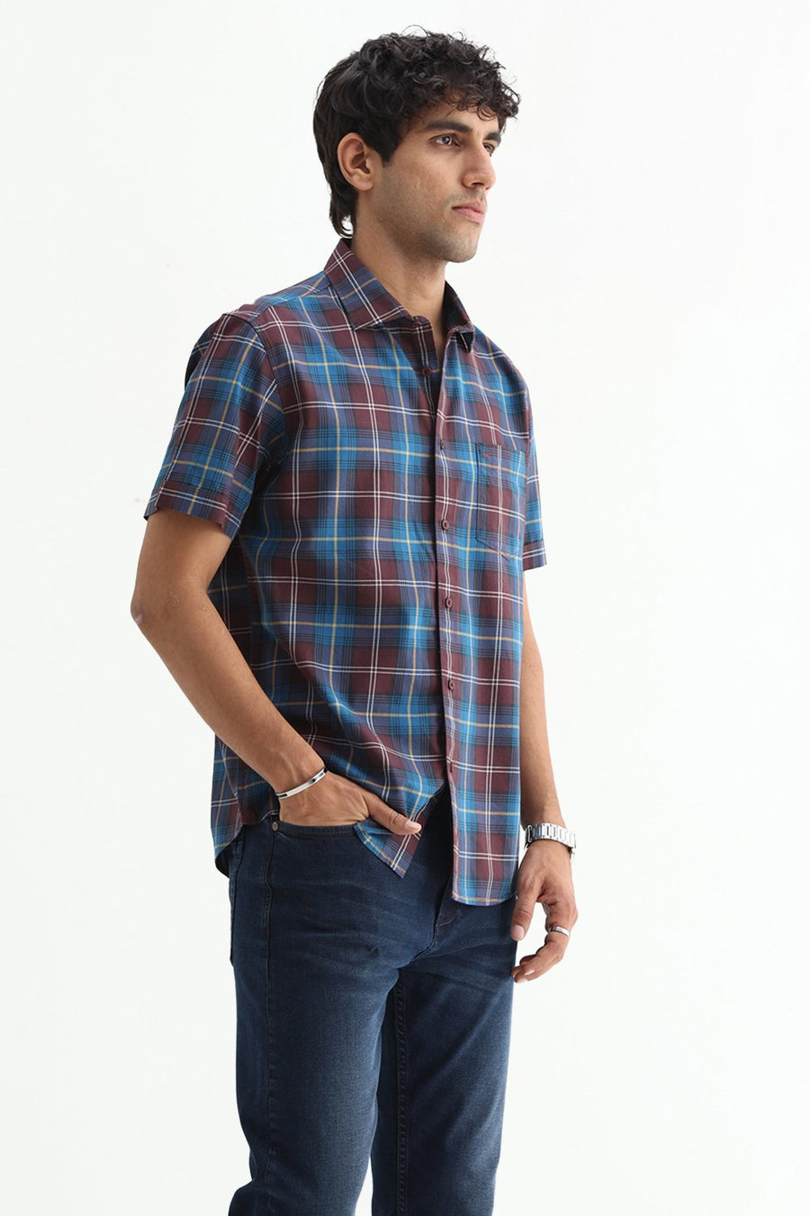 BASICS SLIM FIT LIGHT GREY COTTON TWILL CHECKS HALFSLEEVES SHIRT