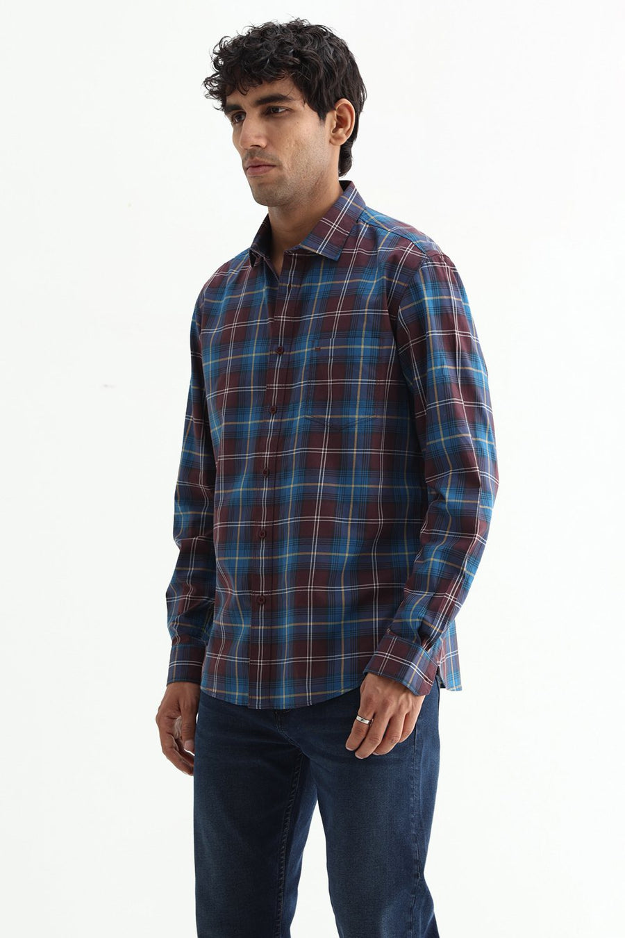 BASICS SLIM FIT LIGHT GREY COTTON TWILL CHECKS SHIRT