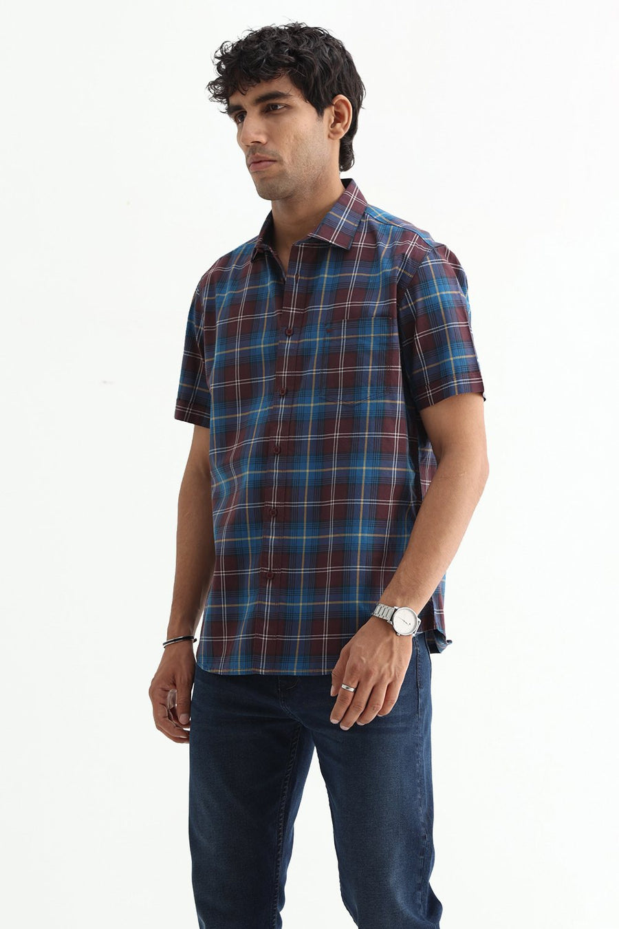 BASICS SLIM FIT LIGHT GREY COTTON TWILL CHECKS HALFSLEEVES SHIRT