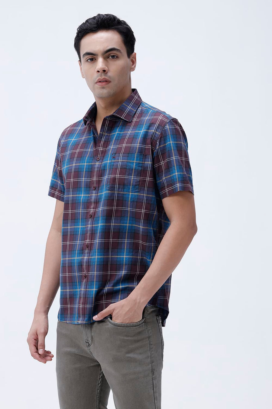 BASICS SLIM FIT LIGHT GREY COTTON TWILL CHECKS HALFSLEEVES SHIRT