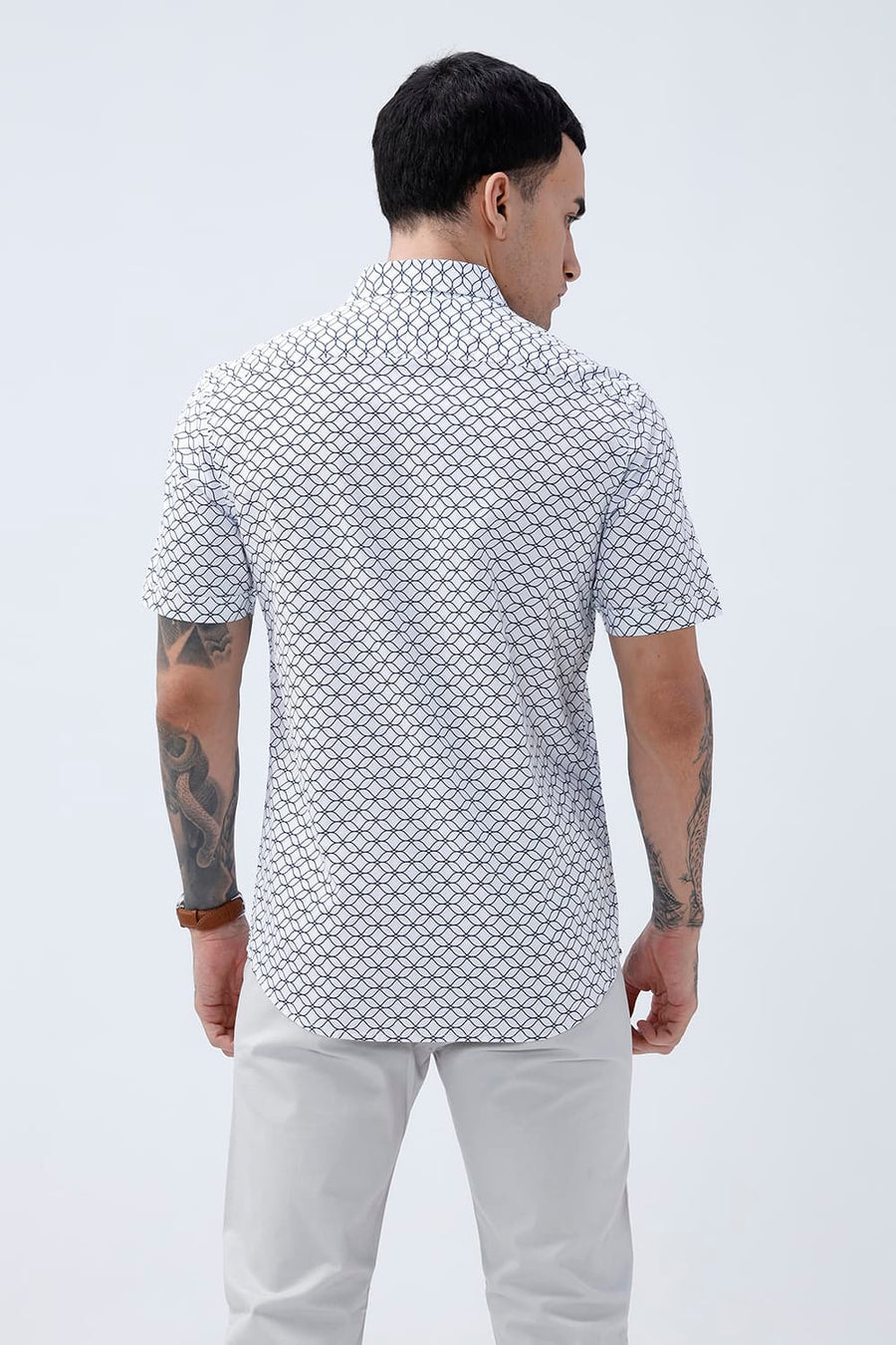 BASICS SLIM FIT LIGHT GREEN COTTON CREPE PRINTED HALFSLEEVES SHIRT