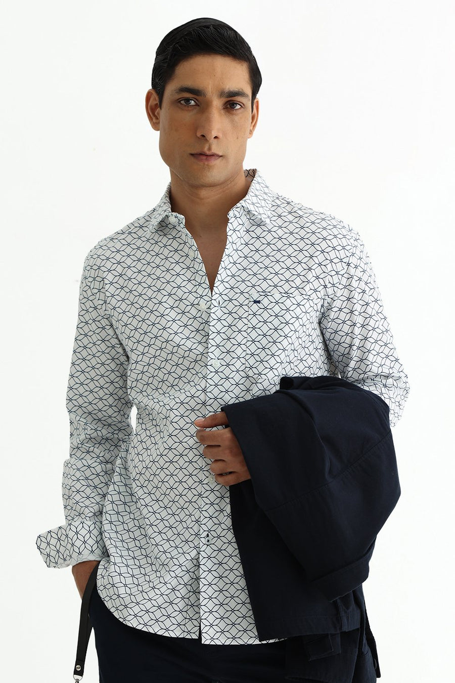 BASICS SLIM FIT LIGHT GREEN COTTON CREPE PRINTED SHIRT