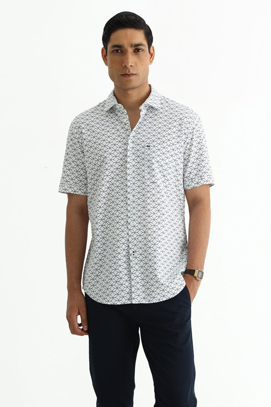 BASICS SLIM FIT LIGHT GREEN COTTON CREPE PRINTED HALFSLEEVES SHIRT