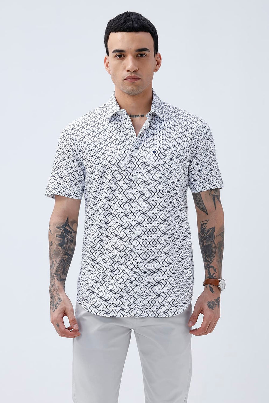 BASICS SLIM FIT LIGHT GREEN COTTON CREPE PRINTED HALFSLEEVES SHIRT