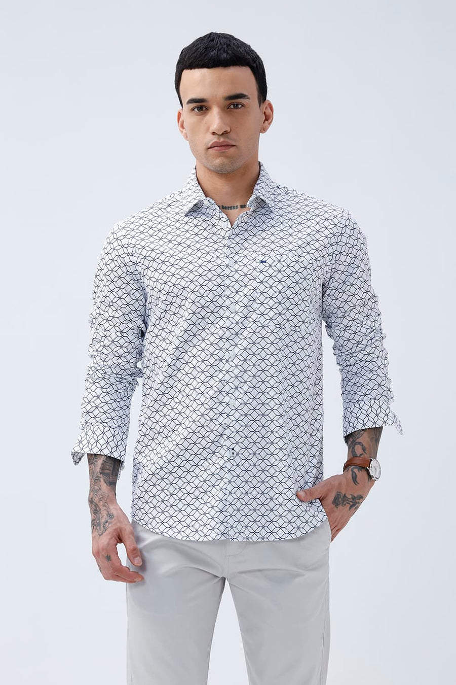 BASICS SLIM FIT LIGHT GREEN COTTON CREPE PRINTED SHIRT