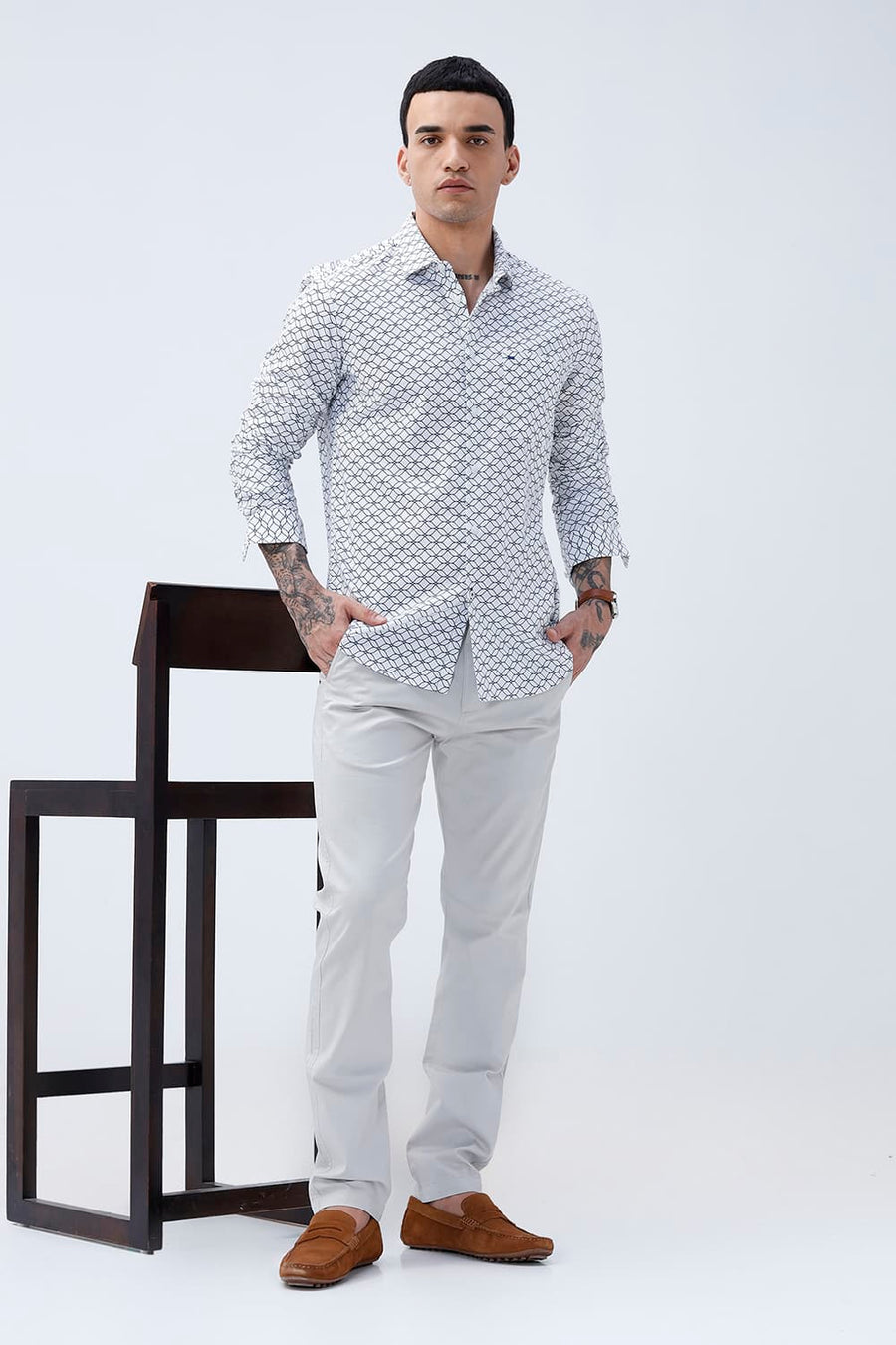 BASICS SLIM FIT LIGHT GREEN COTTON CREPE PRINTED SHIRT