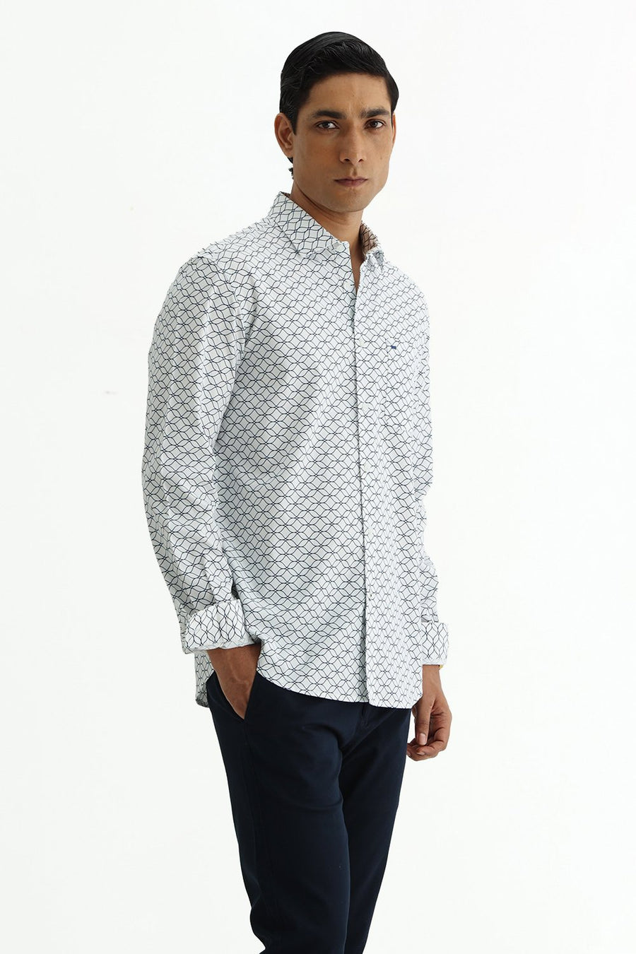 BASICS SLIM FIT LIGHT GREEN COTTON CREPE PRINTED SHIRT