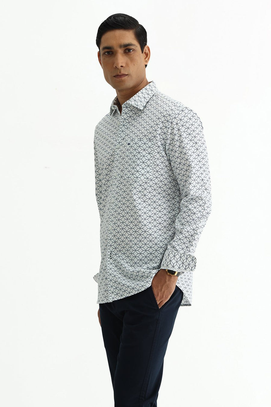 BASICS SLIM FIT LIGHT GREEN COTTON CREPE PRINTED SHIRT