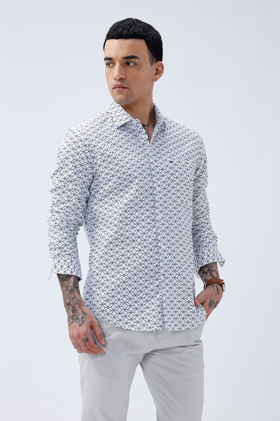 BASICS SLIM FIT LIGHT GREEN COTTON CREPE PRINTED SHIRT