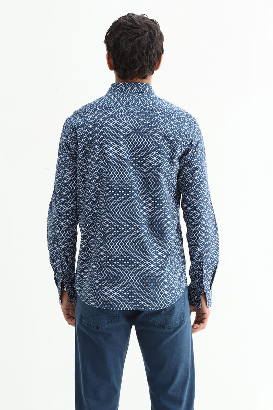 BASICS SLIM FIT OLIVE COTTON CREPE PRINTED SHIRT