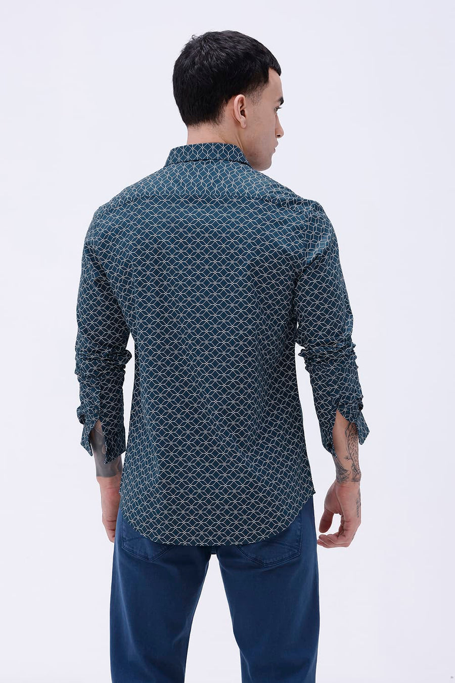 BASICS SLIM FIT OLIVE COTTON CREPE PRINTED SHIRT