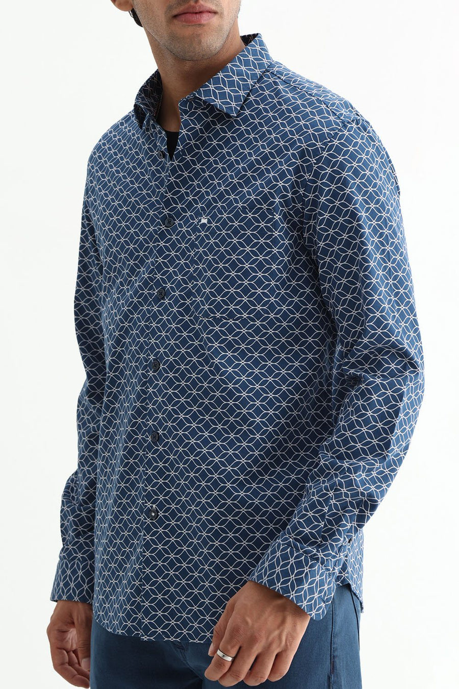 BASICS SLIM FIT OLIVE COTTON CREPE PRINTED SHIRT