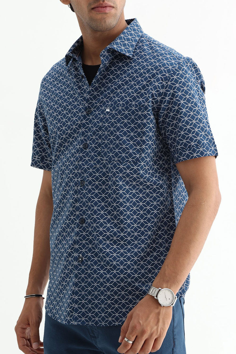 BASICS SLIM FIT OLIVE COTTON CREPE PRINTED HALFSLEEVES SHIRT