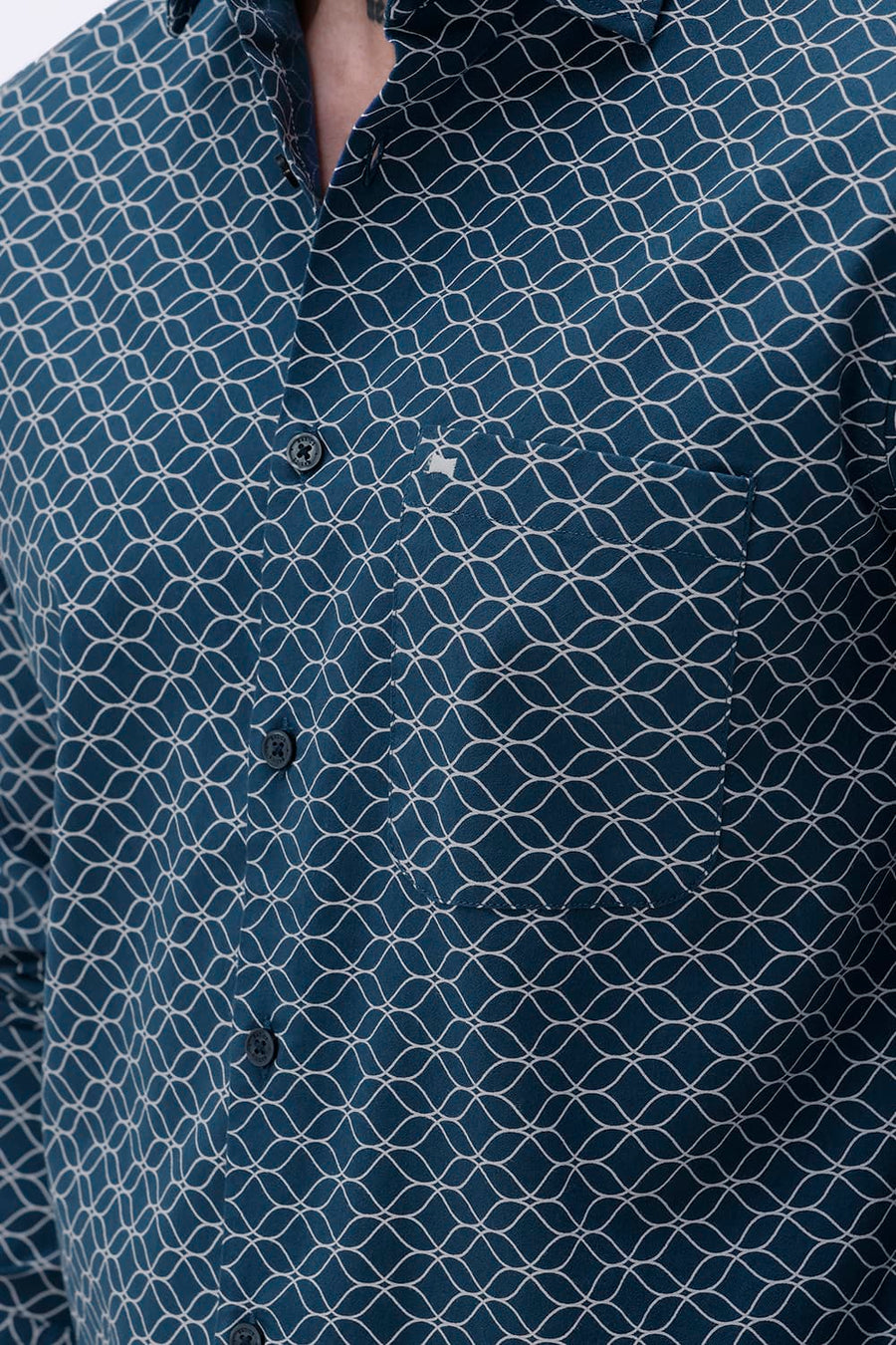 BASICS SLIM FIT OLIVE COTTON CREPE PRINTED SHIRT