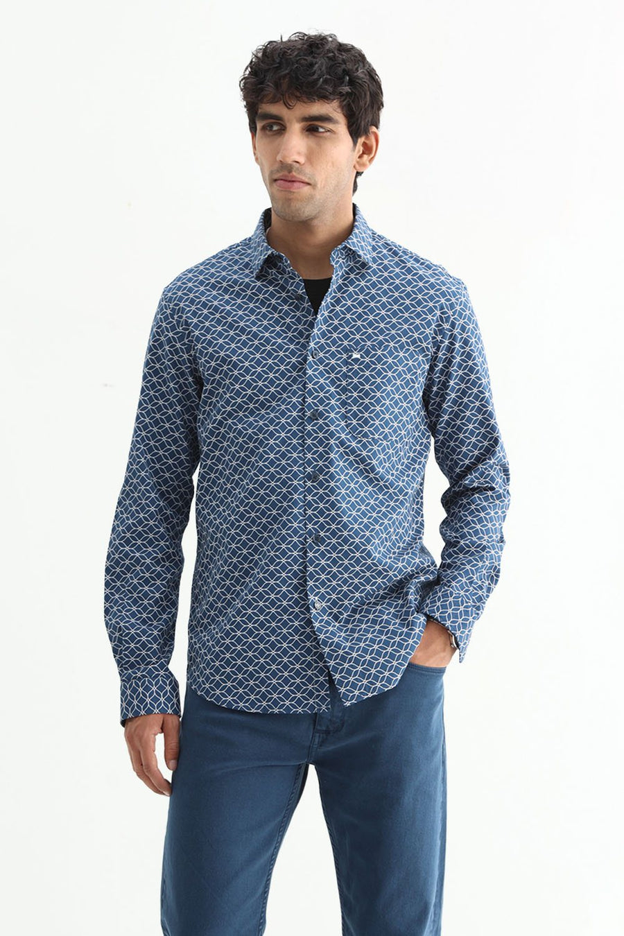 BASICS SLIM FIT OLIVE COTTON CREPE PRINTED SHIRT