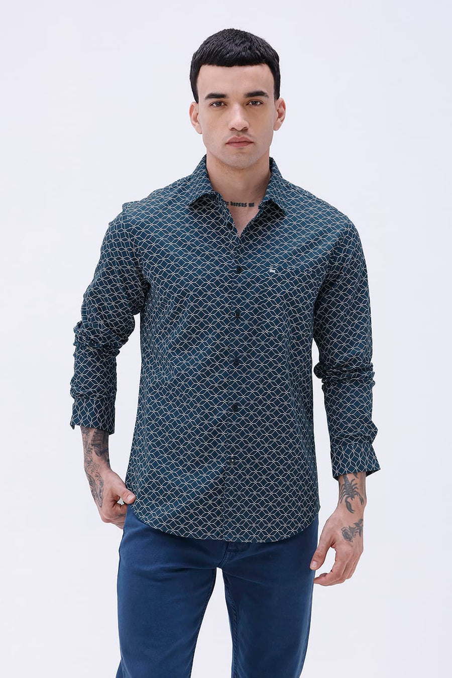 BASICS SLIM FIT OLIVE COTTON CREPE PRINTED SHIRT