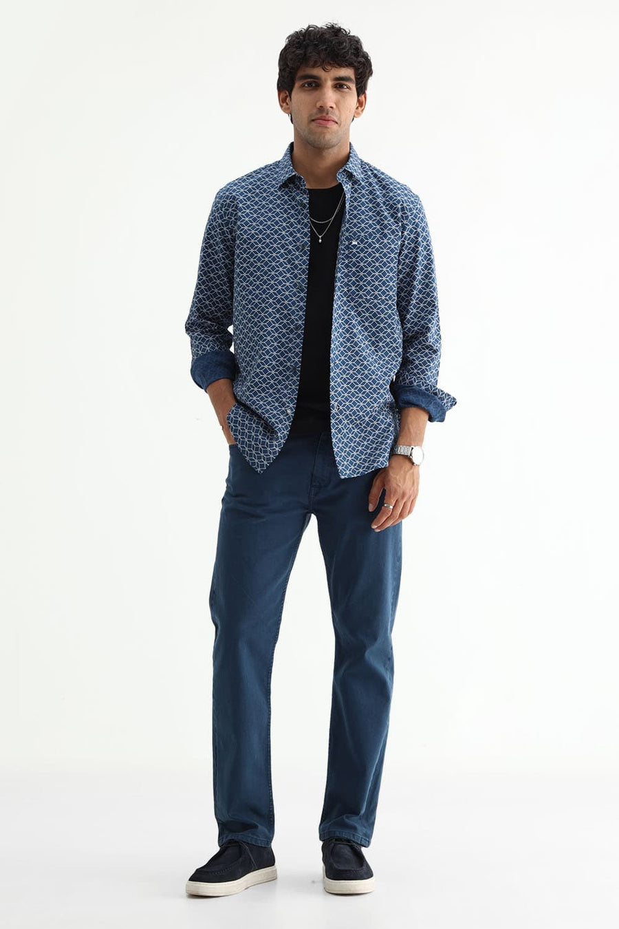 BASICS SLIM FIT OLIVE COTTON CREPE PRINTED SHIRT