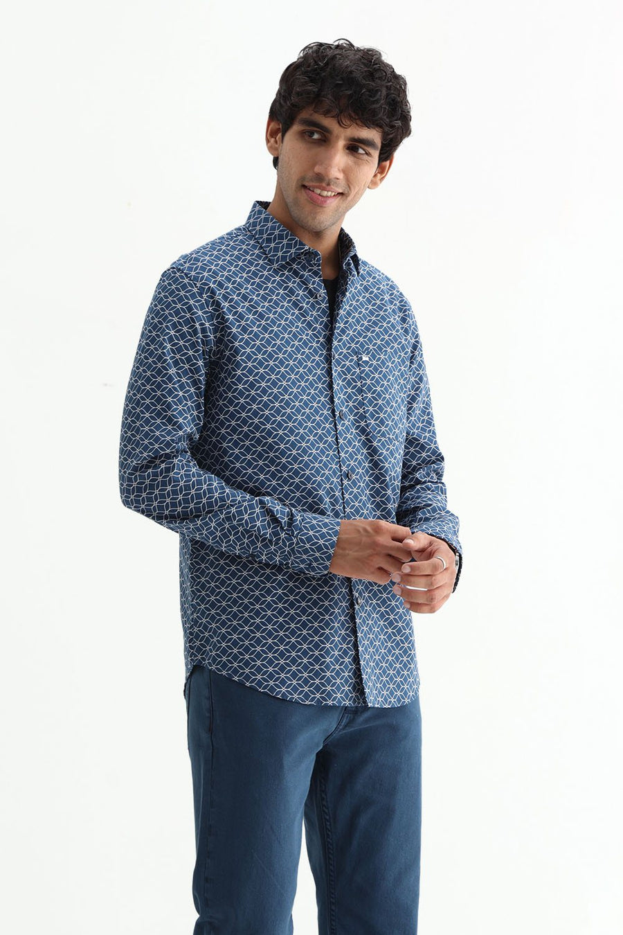 BASICS SLIM FIT OLIVE COTTON CREPE PRINTED SHIRT