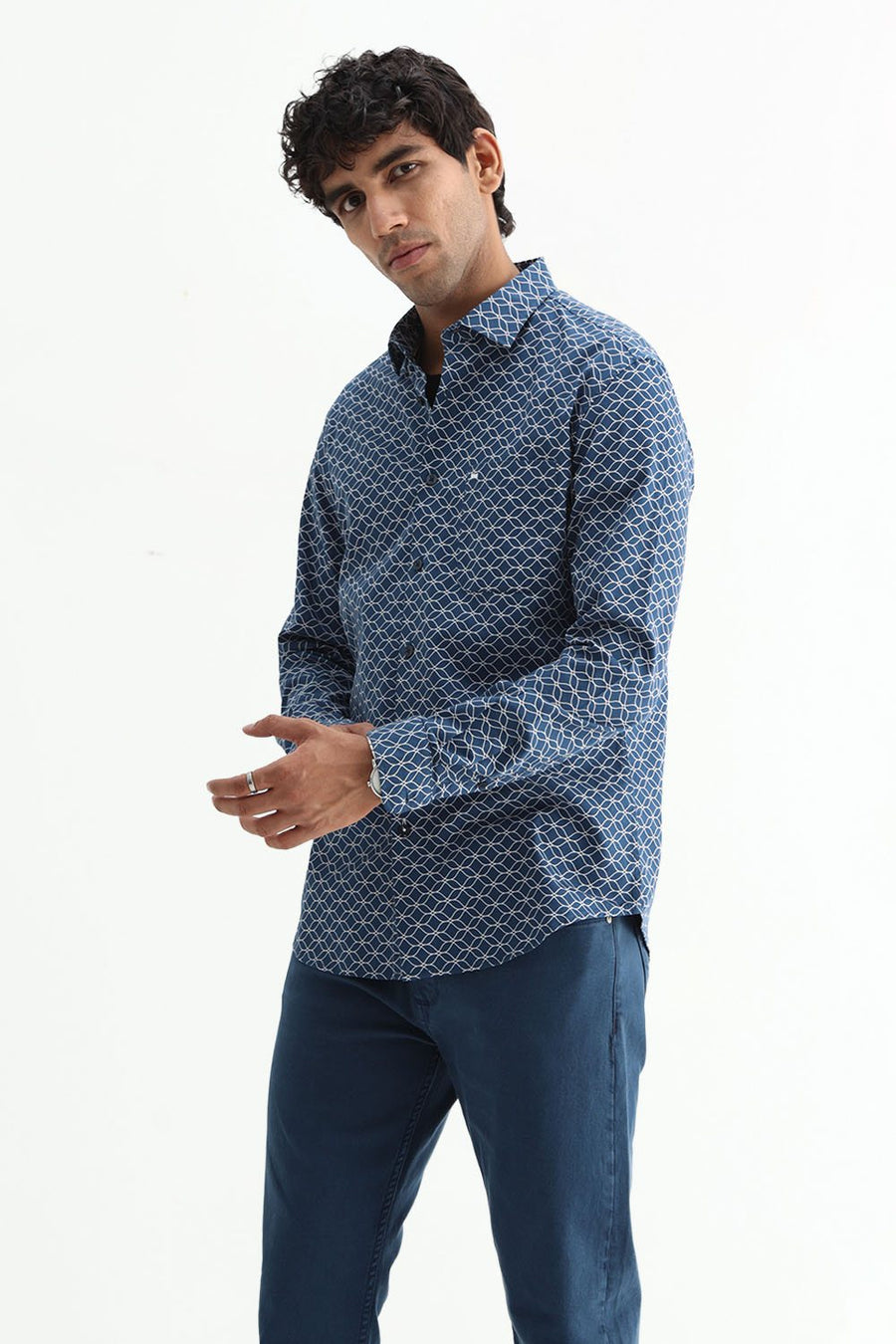 BASICS SLIM FIT OLIVE COTTON CREPE PRINTED SHIRT