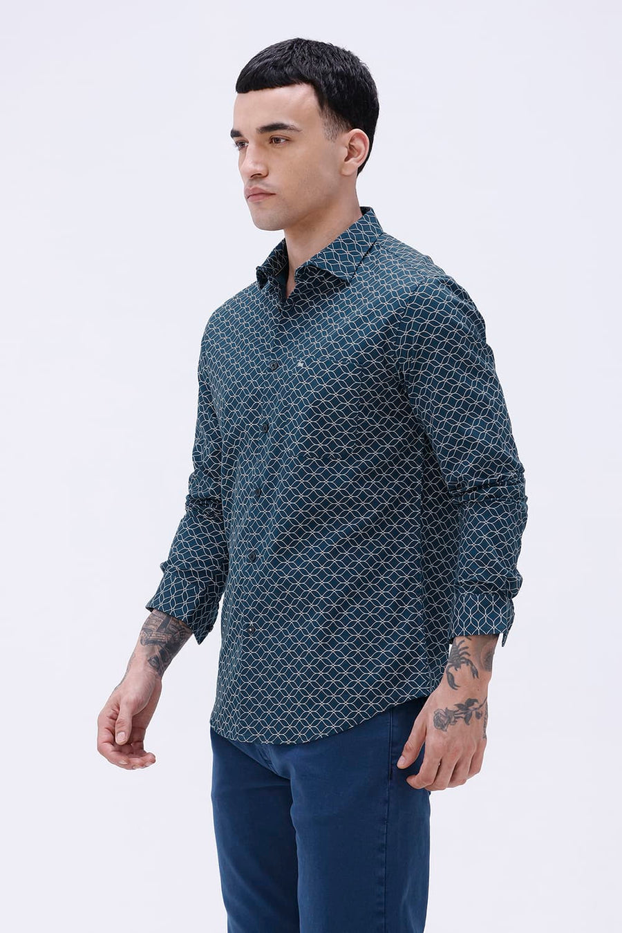 BASICS SLIM FIT OLIVE COTTON CREPE PRINTED SHIRT