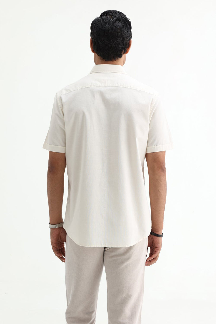 BASICS SLIM FIT MID GREY COTTON SLUB DOBBY HALFSLEEVES SHIRT