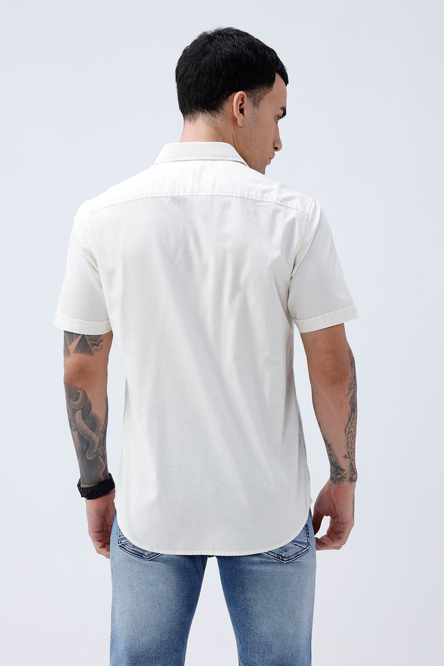 BASICS SLIM FIT MID GREY COTTON SLUB DOBBY HALFSLEEVES SHIRT