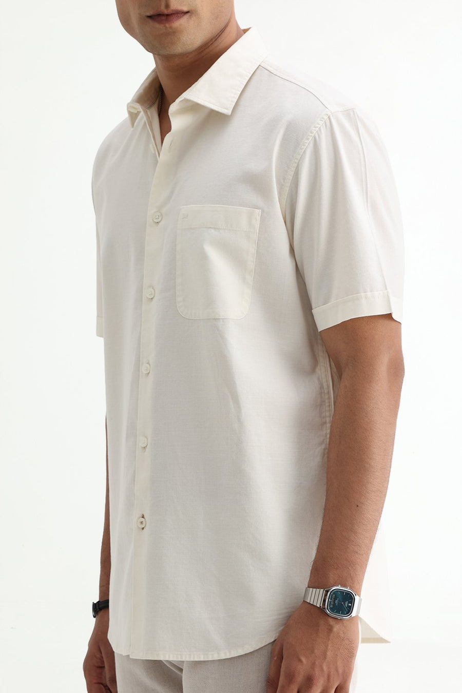 BASICS SLIM FIT MID GREY COTTON SLUB DOBBY HALFSLEEVES SHIRT