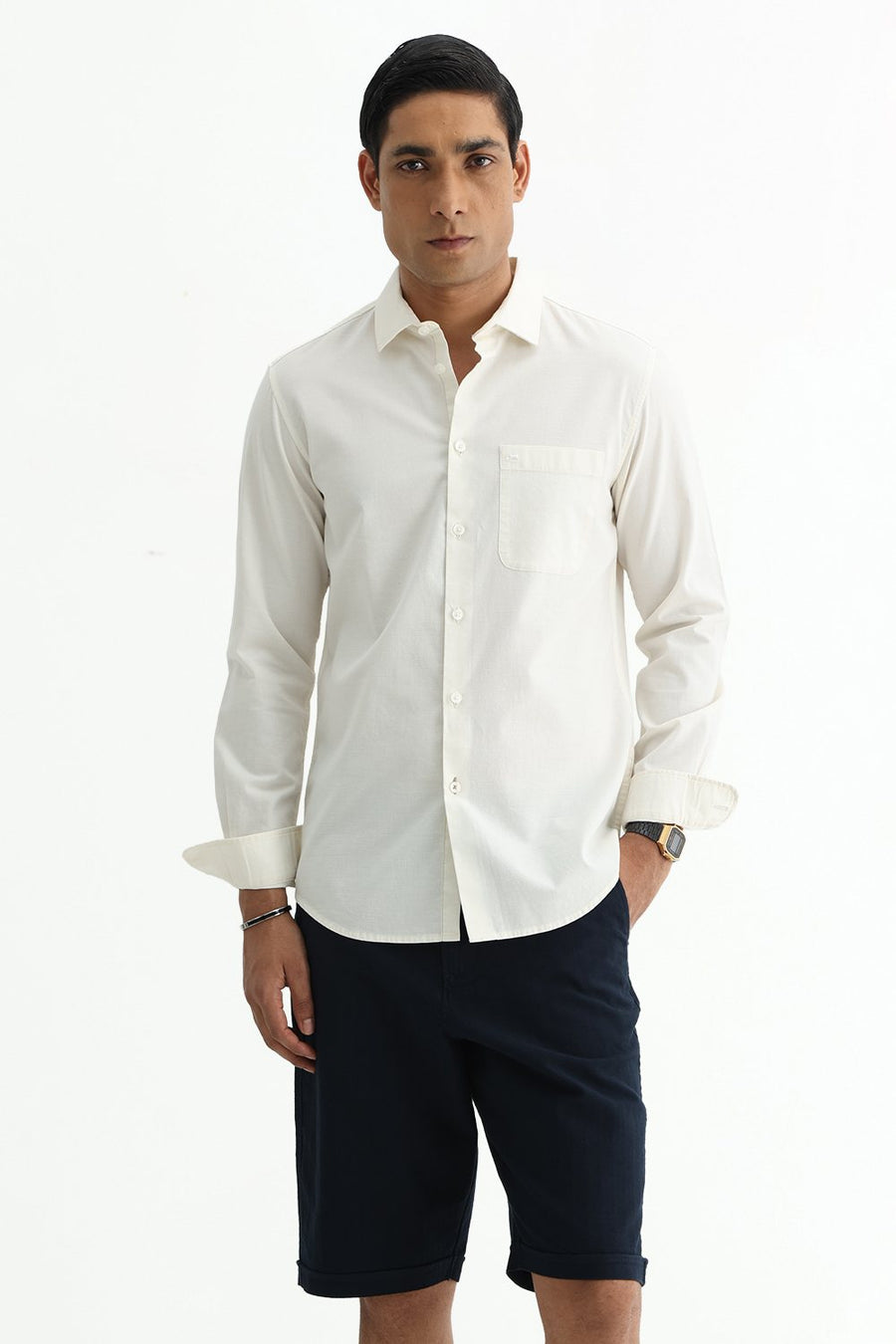 BASICS SLIM FIT MID GREY COTTON SLUB DOBBY SHIRT