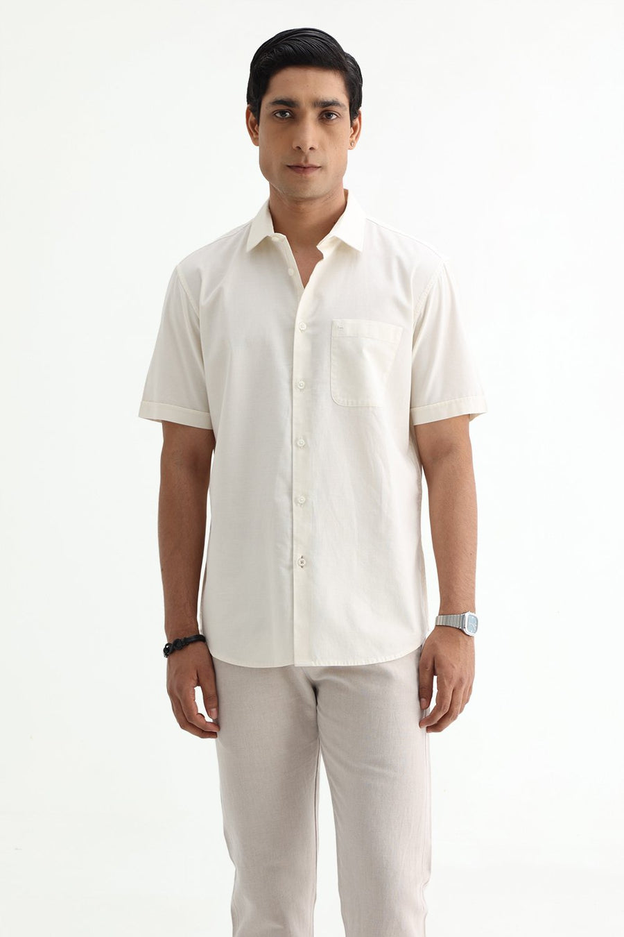 BASICS SLIM FIT MID GREY COTTON SLUB DOBBY HALFSLEEVES SHIRT