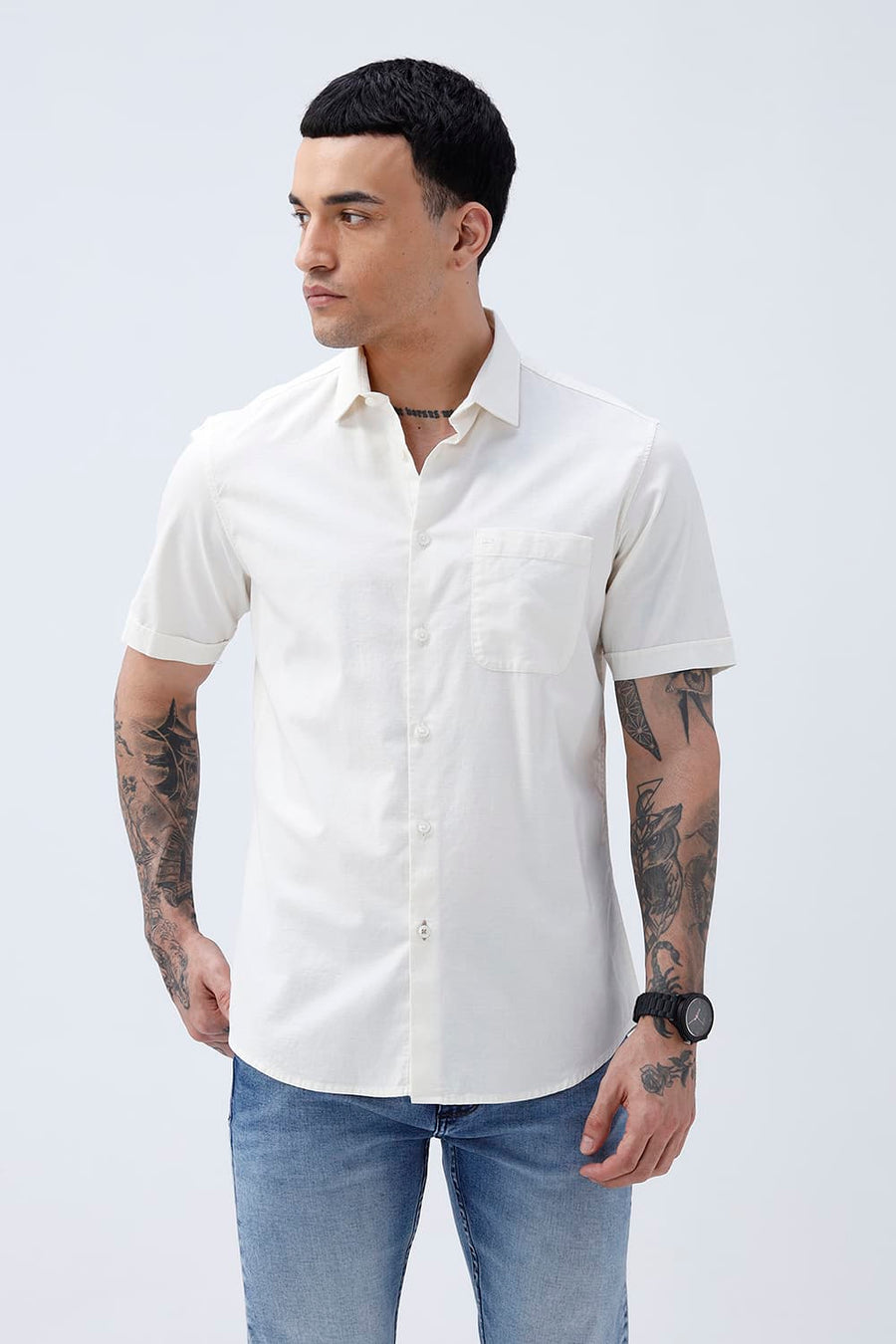 BASICS SLIM FIT MID GREY COTTON SLUB DOBBY HALFSLEEVES SHIRT