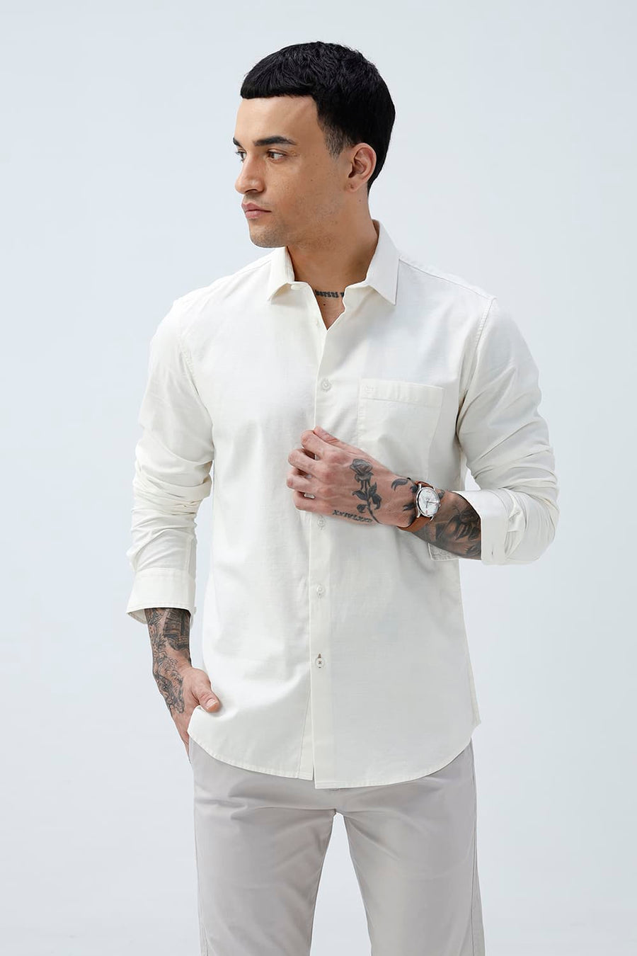 BASICS SLIM FIT MID GREY COTTON SLUB DOBBY SHIRT