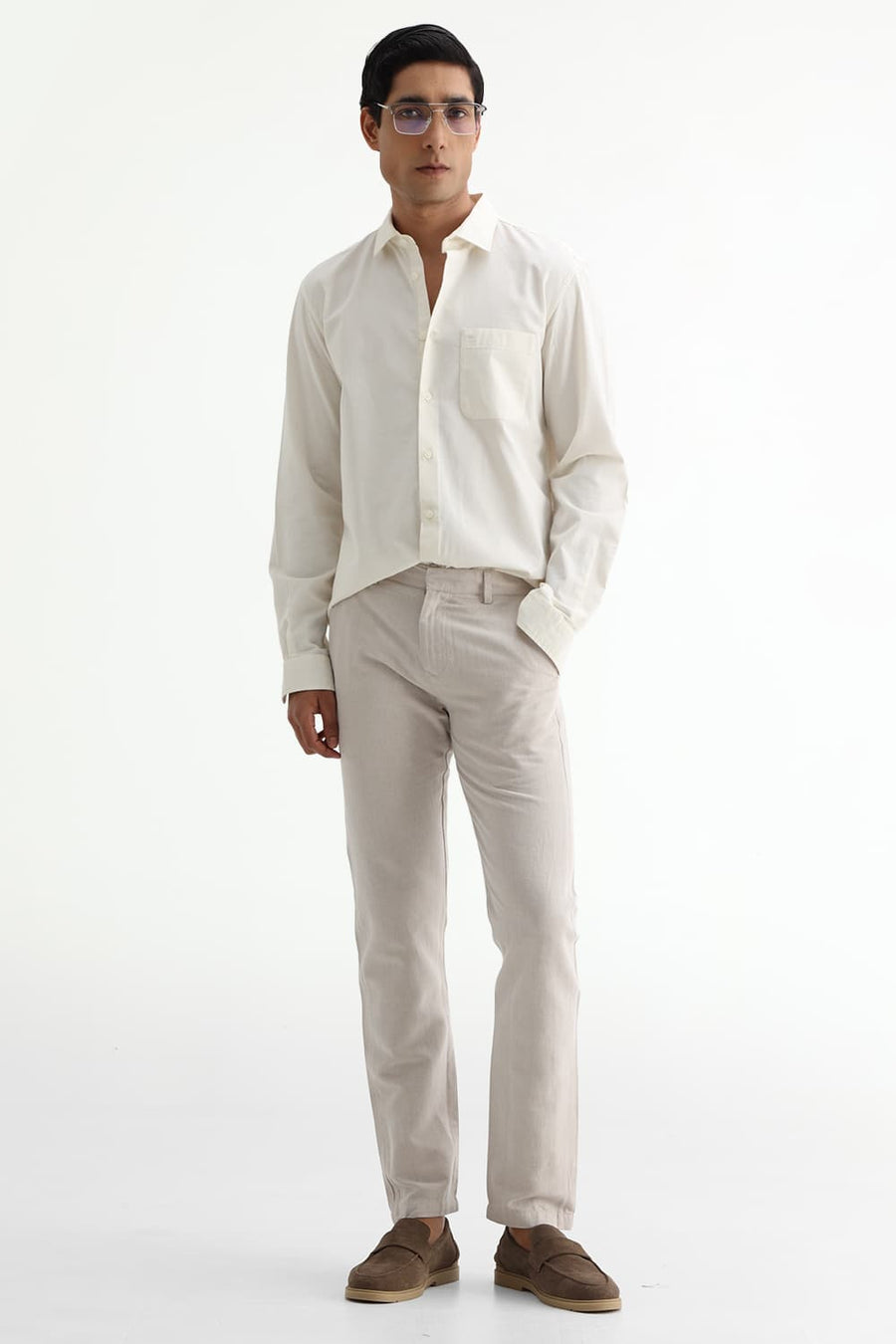 BASICS SLIM FIT MID GREY COTTON SLUB DOBBY SHIRT