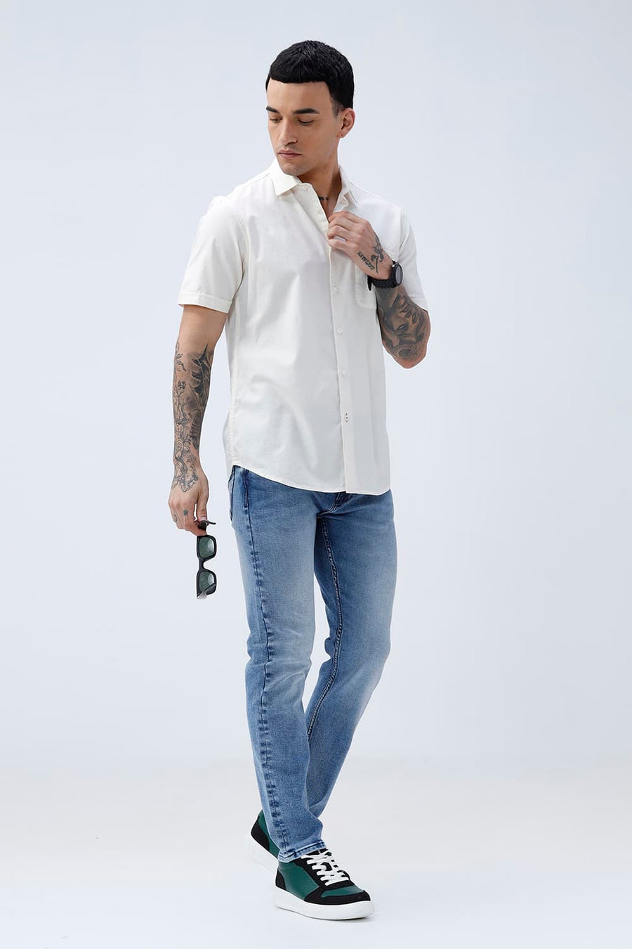 BASICS SLIM FIT MID GREY COTTON SLUB DOBBY HALFSLEEVES SHIRT