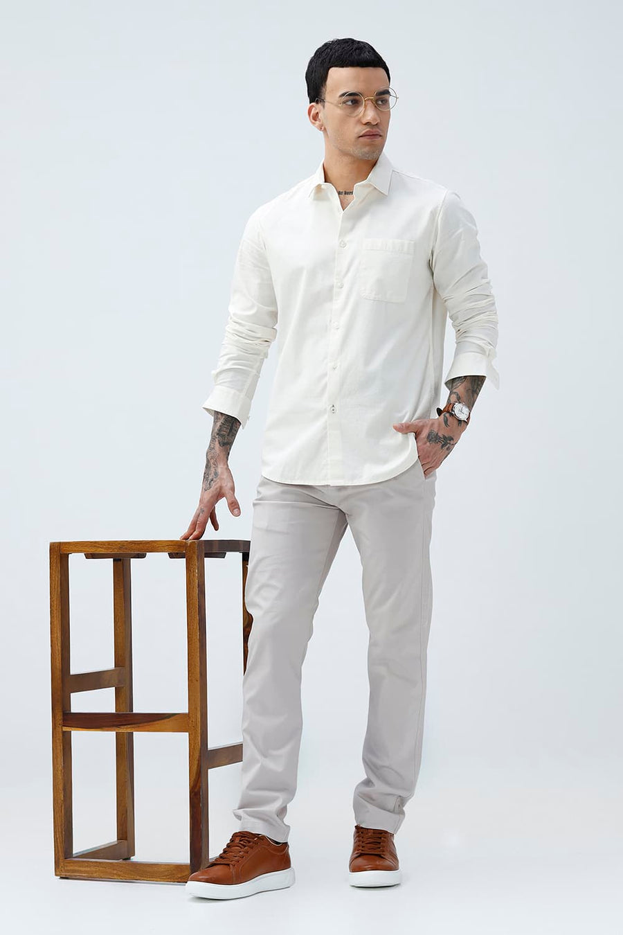 BASICS SLIM FIT MID GREY COTTON SLUB DOBBY SHIRT