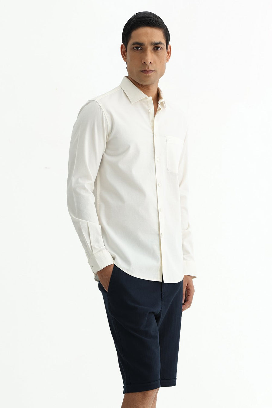BASICS SLIM FIT MID GREY COTTON SLUB DOBBY SHIRT