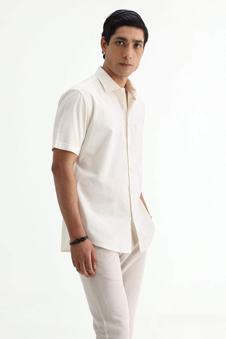 BASICS SLIM FIT MID GREY COTTON SLUB DOBBY HALFSLEEVES SHIRT