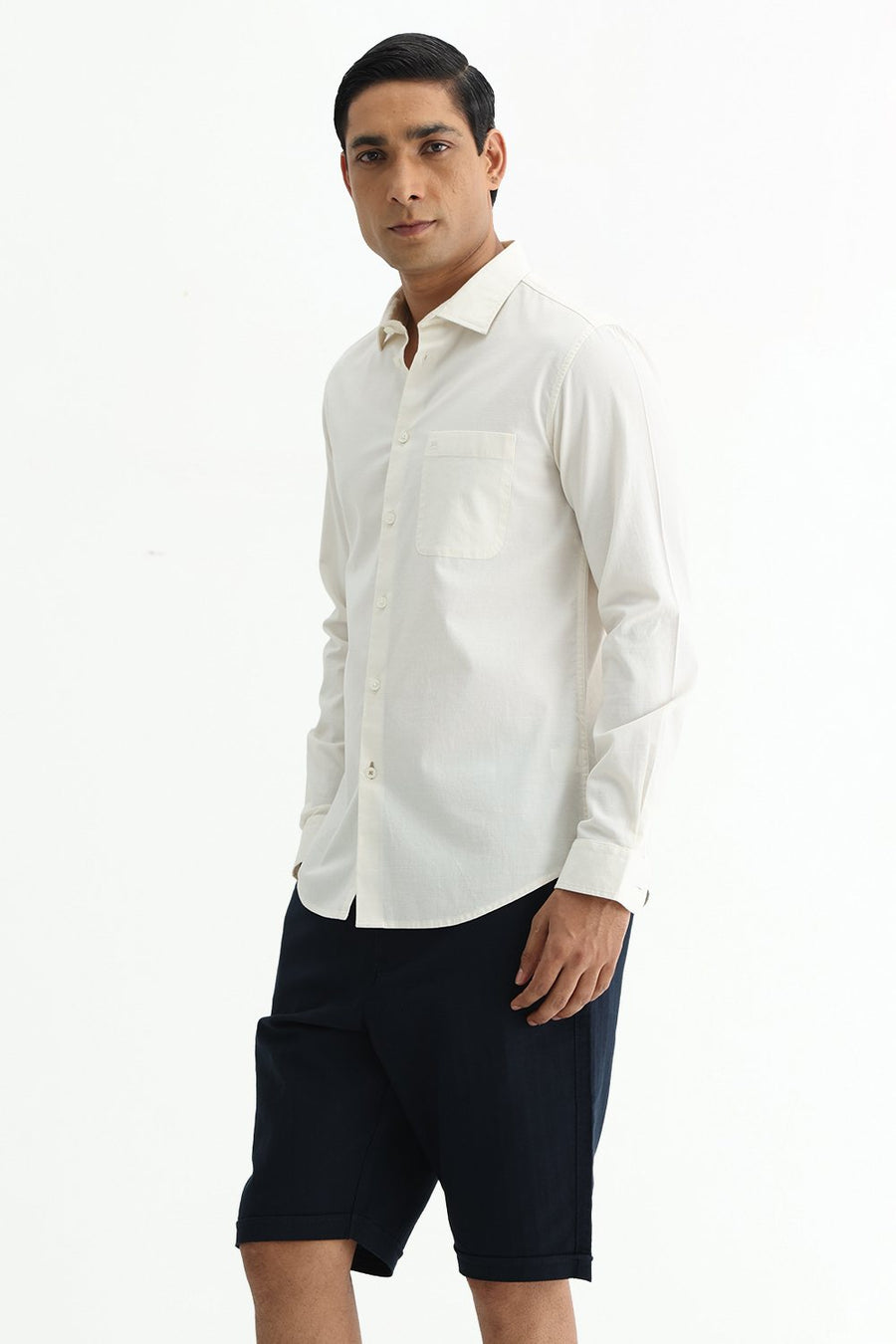 BASICS SLIM FIT MID GREY COTTON SLUB DOBBY SHIRT