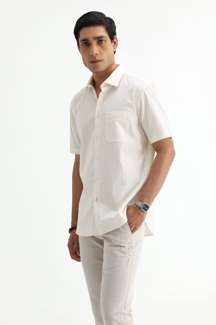 BASICS SLIM FIT MID GREY COTTON SLUB DOBBY HALFSLEEVES SHIRT
