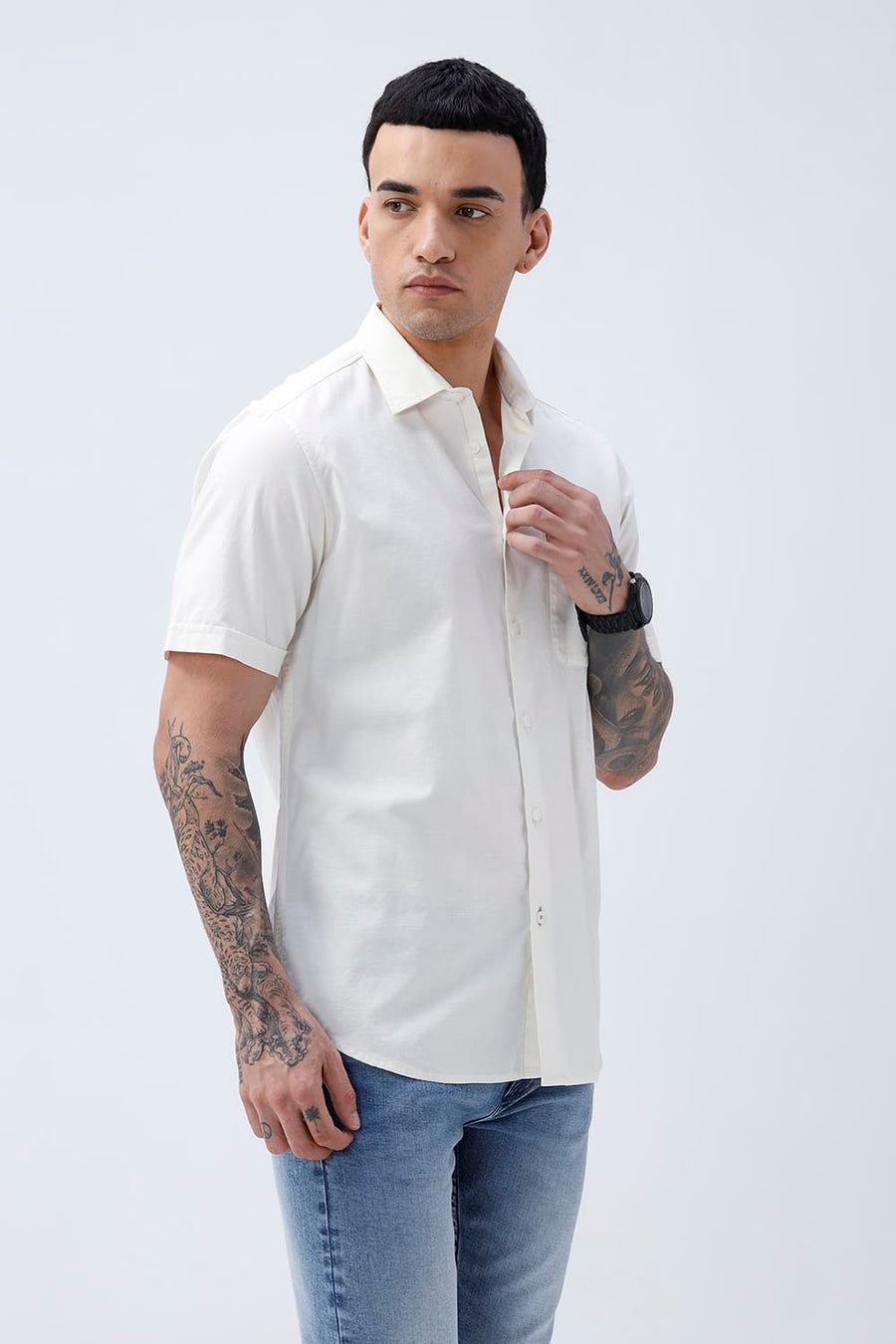 BASICS SLIM FIT MID GREY COTTON SLUB DOBBY HALFSLEEVES SHIRT