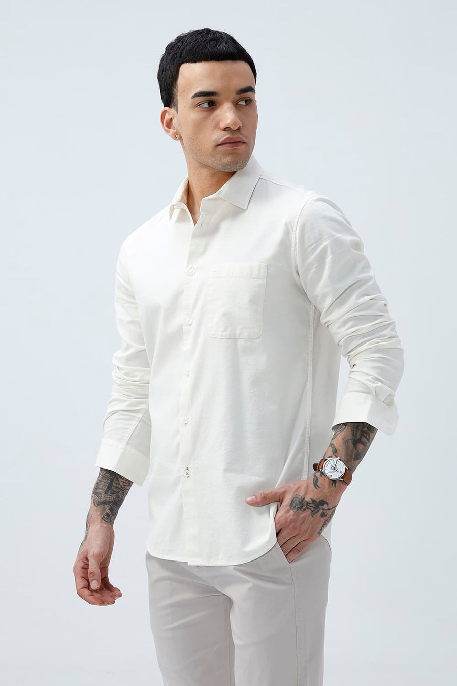 BASICS SLIM FIT MID GREY COTTON SLUB DOBBY SHIRT