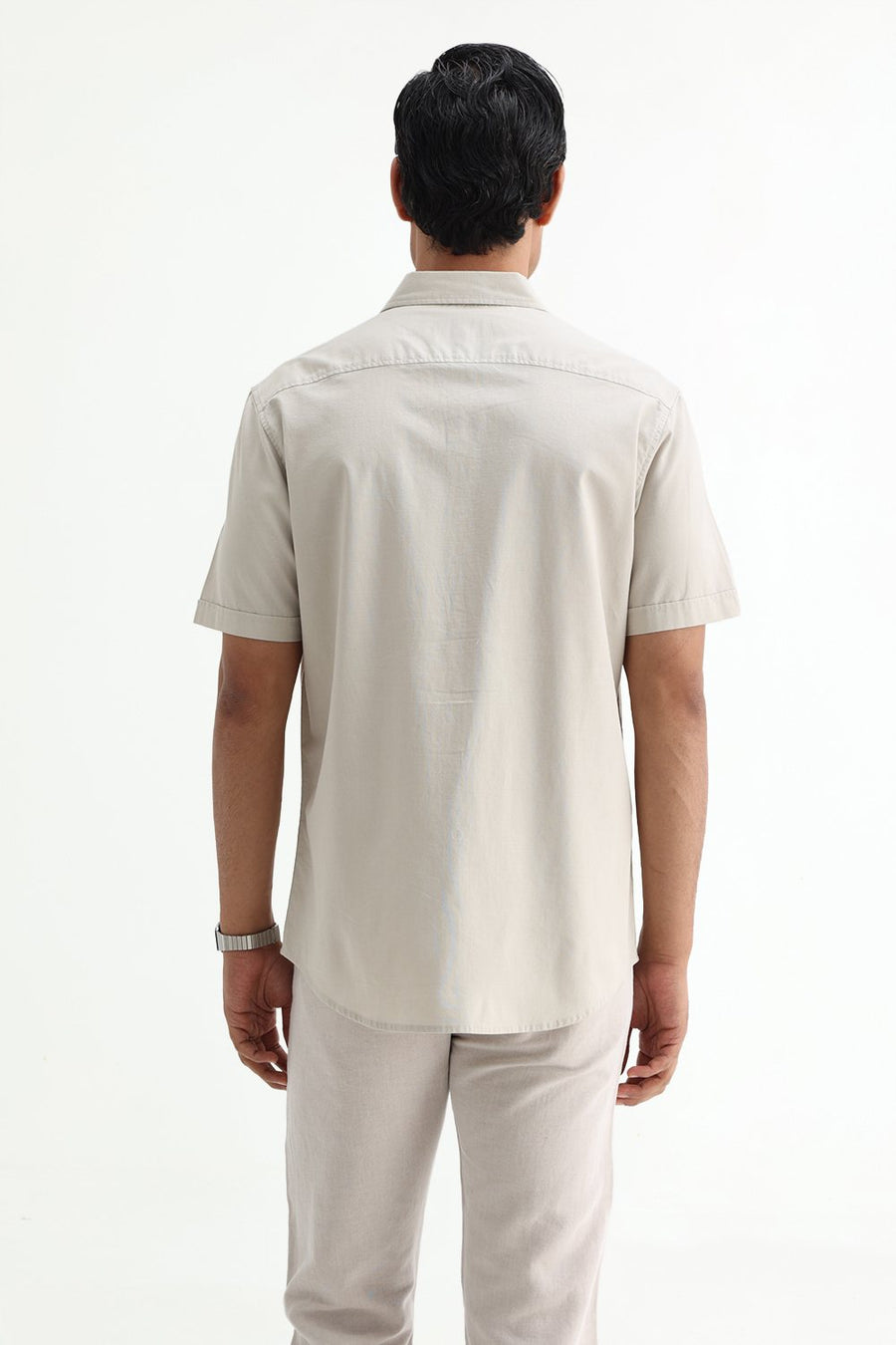 BASICS SLIM FIT NAVY COTTON SLUB DOBBY HALFSLEEVES SHIRT