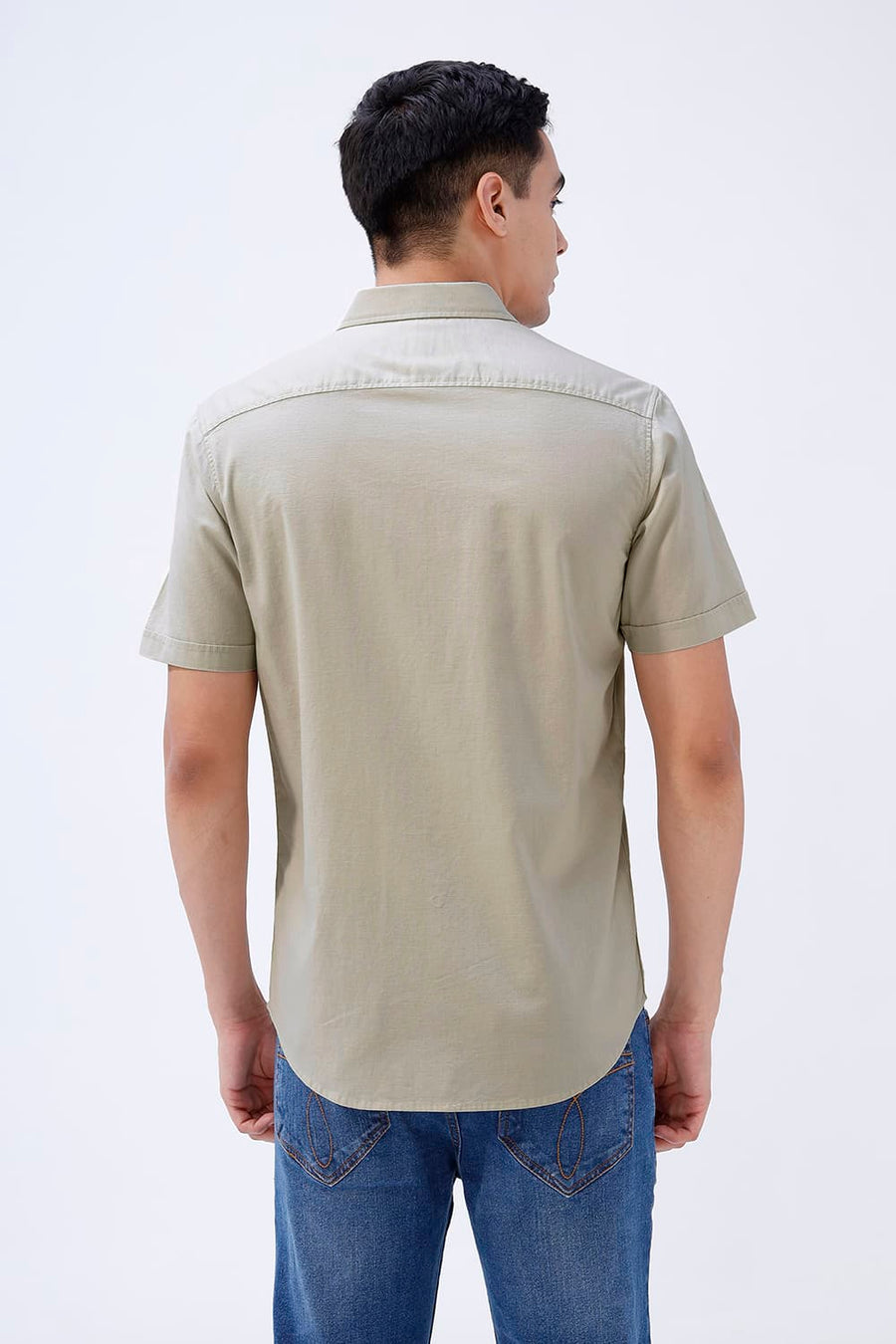 BASICS SLIM FIT NAVY COTTON SLUB DOBBY HALFSLEEVES SHIRT