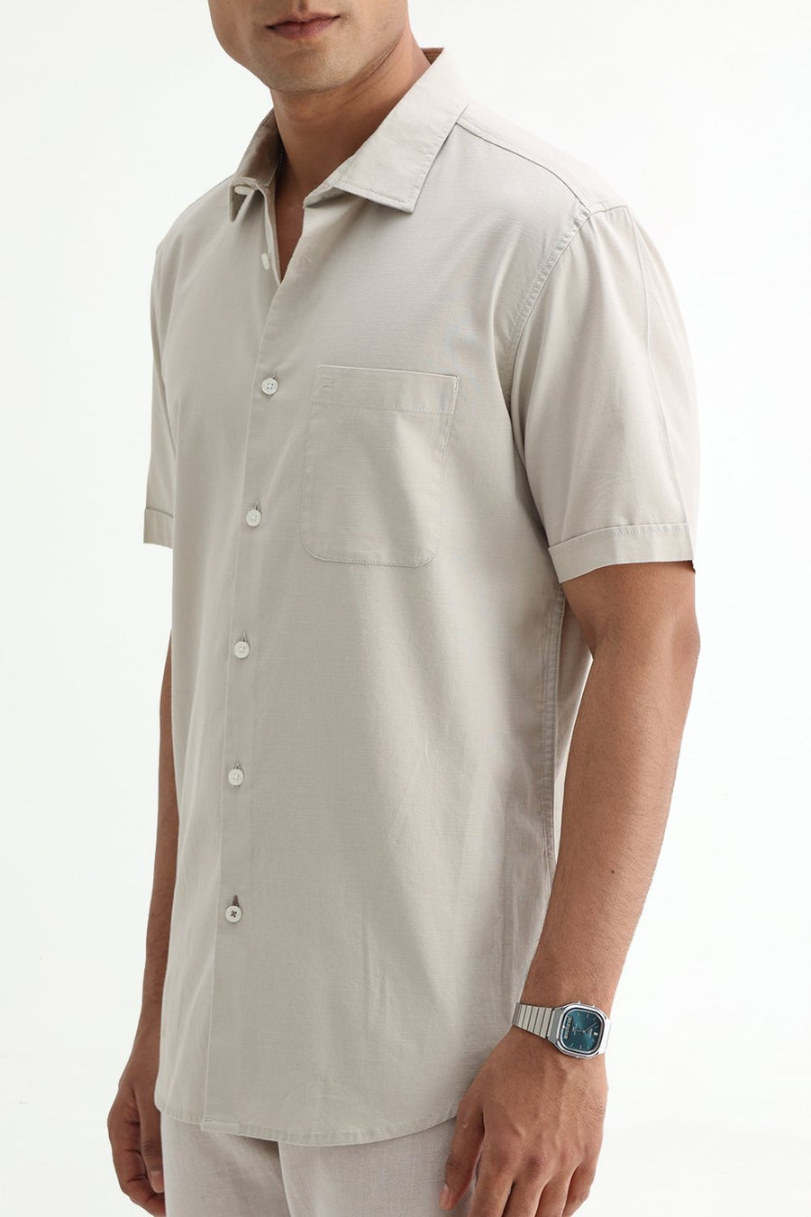 BASICS SLIM FIT NAVY COTTON SLUB DOBBY HALFSLEEVES SHIRT