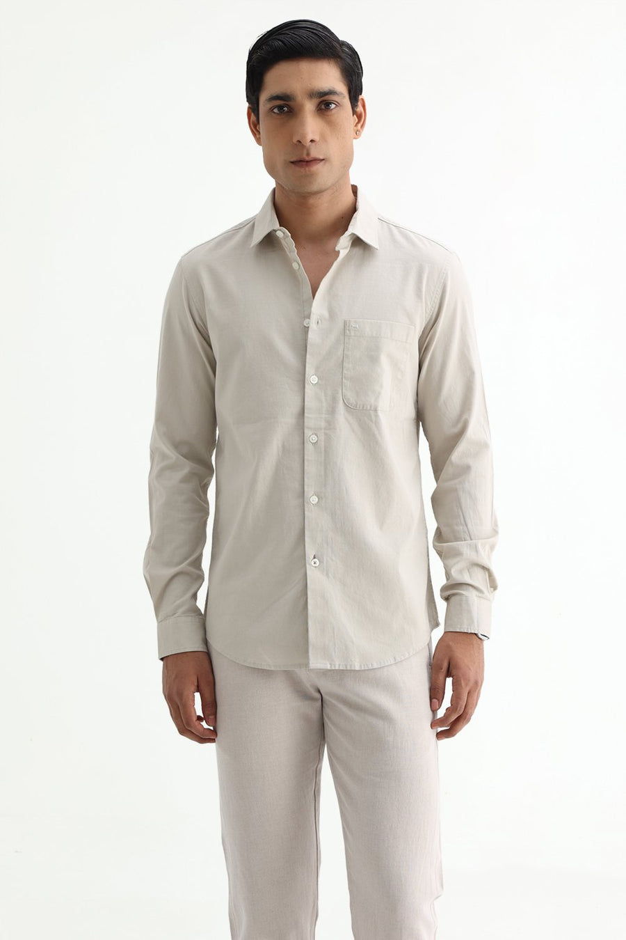 BASICS SLIM FIT NAVY COTTON SLUB DOBBY SHIRT