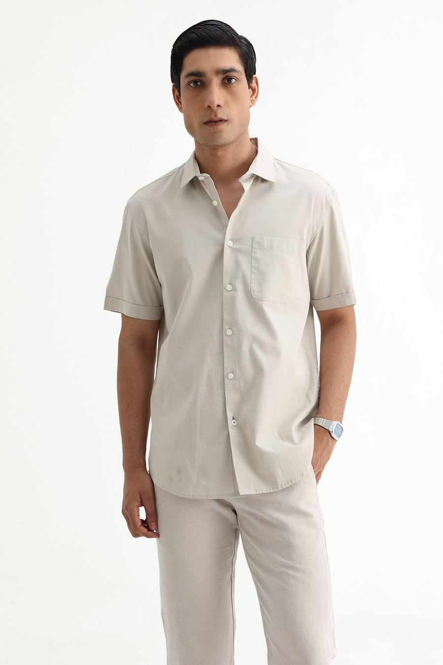 BASICS SLIM FIT NAVY COTTON SLUB DOBBY HALFSLEEVES SHIRT