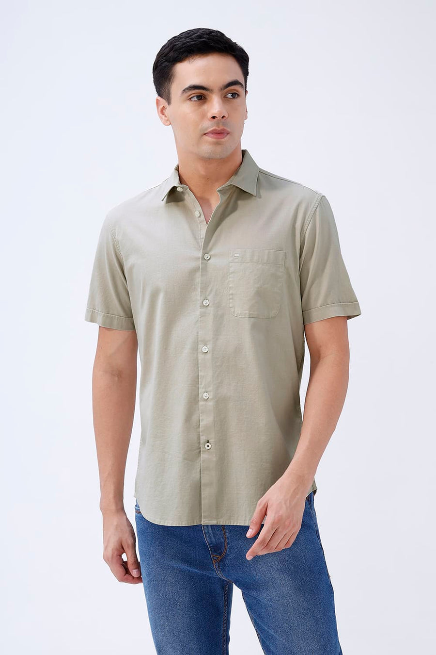 BASICS SLIM FIT NAVY COTTON SLUB DOBBY HALFSLEEVES SHIRT